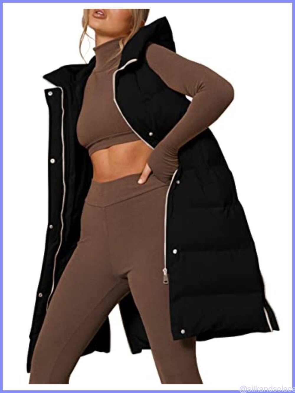 Women's Long Sleeveless Hooded Puffer Vest Quilted Down Vest with Pockets